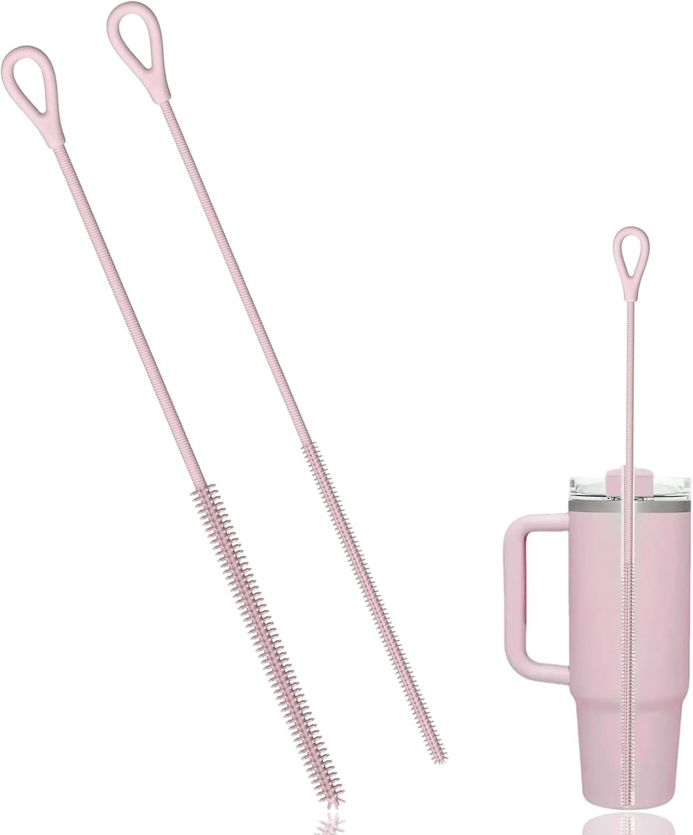 Rietjesborstel, 2 stuks herbruikbare rietjesborstels voor glazen rietjes, metaal, smoothierietjes en drinkbekers, buigzame, antislip handgreep, 6 mm + 9 mm, roze