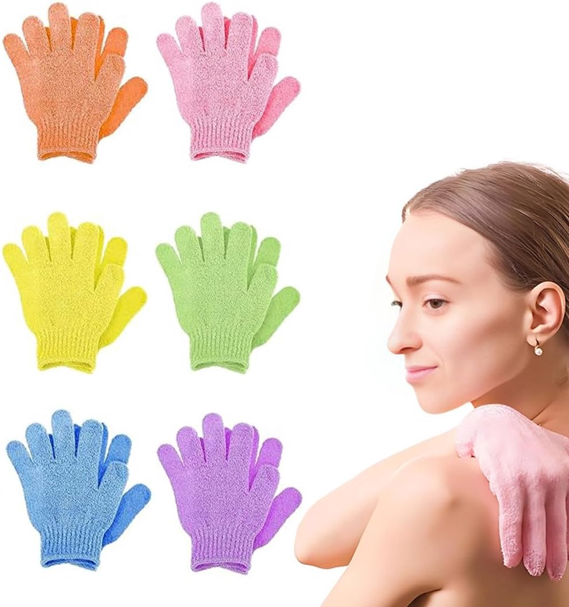 6 paar peeling handschoenen van bamboe, badstof handschoenen voor de douche voor kinderen, lichaamscrubhandschoen voor douche, spa, massage en verwijdering van dode cellen, voor thermisch bad
