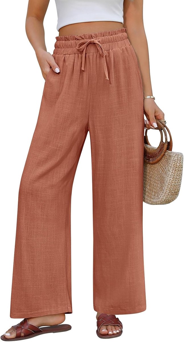 Zomerbroek voor dames, van katoen en linnen, elegant, elastisch, hoge taille, licht, comfortabel, los, met zakken