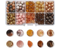 Edelstenen, 200 stuks crackle glazen kralen om te knutselen, gemengde kralen voor het maken van armbanden, halskettingen, sieraden en doe-het-zelfwerken (koffiekleurserie)