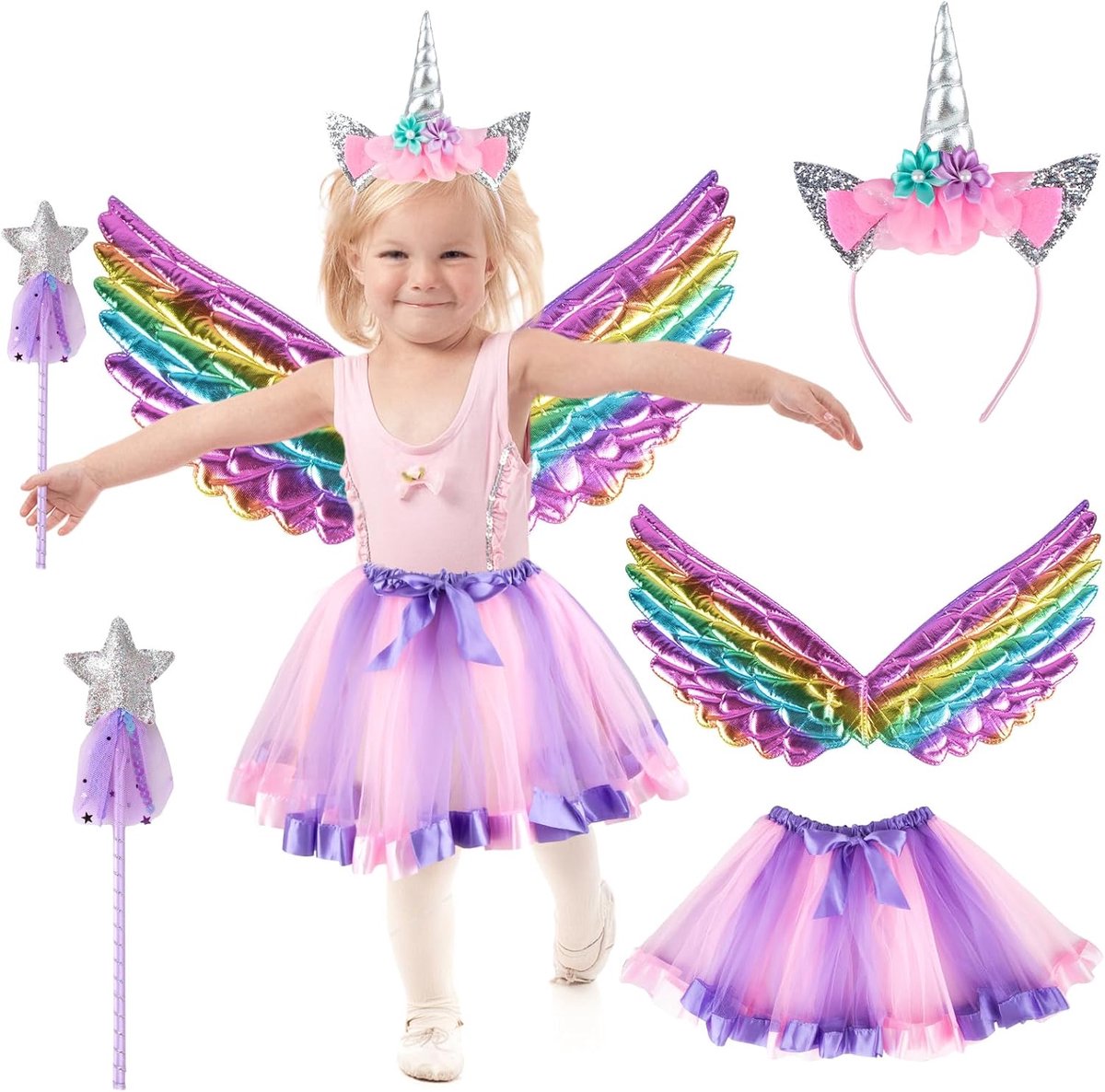 Eenhoornkostuum voor kinderen, set van 4 stuks, regenboog, prinsessenjurk voor meisjes, eenhoorn, haarband, feeënvleugels, toverstaf, tule rok, voor carnaval, tutu, rok, kinderen, cosplay, feestjurk,