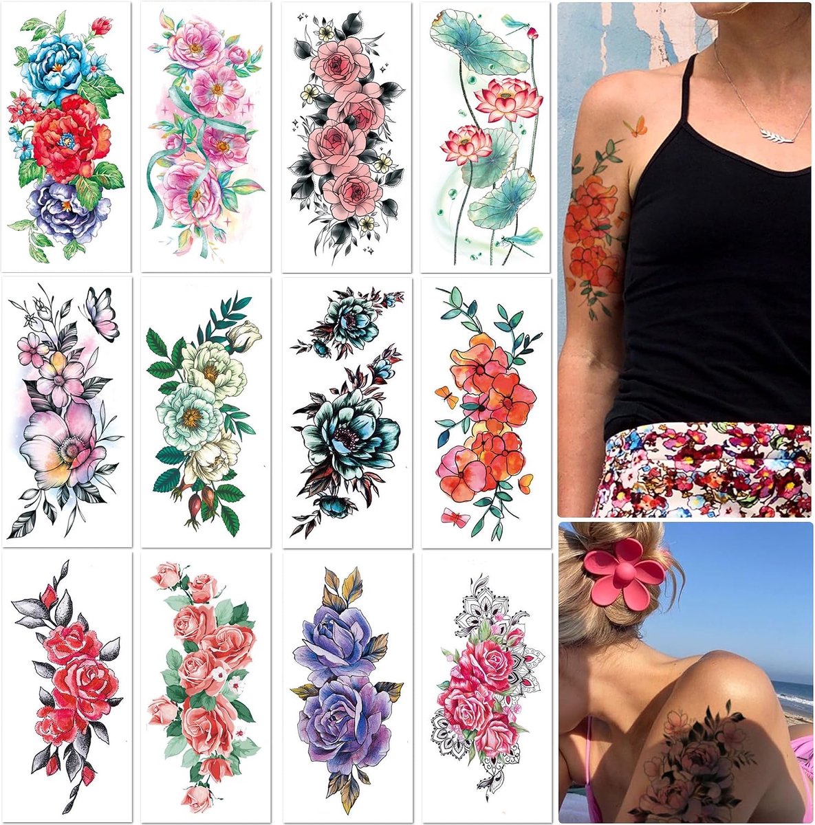 12 vellen bloemen handvat tatoeages ephemere vrouwen meisjes nep tijdelijke tatoeages sexy realistische stickers, rozen, lotus, pioenrozen, verschillende bloemen voor lichaam, rug