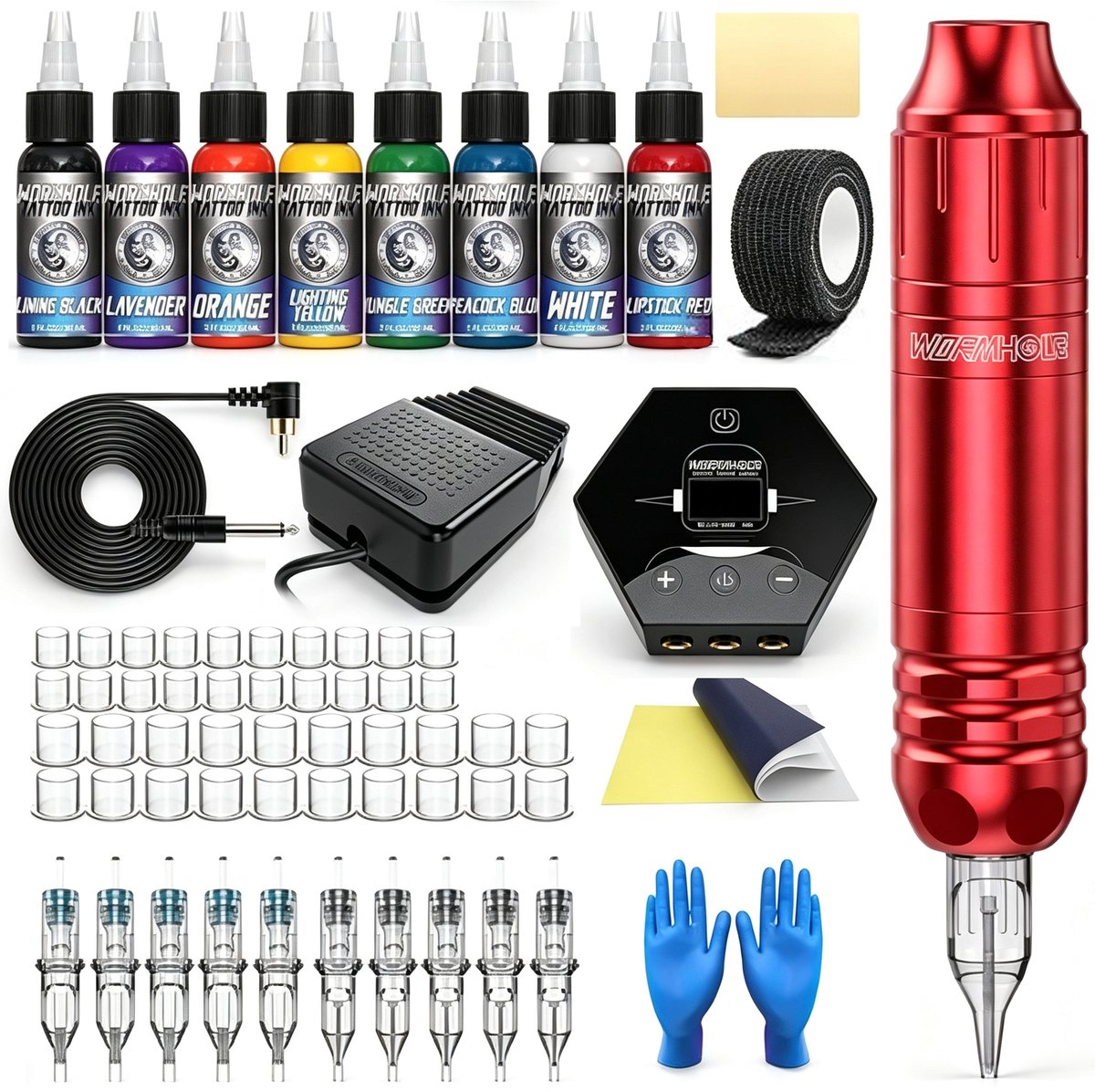 Namajunas - Goedkope tattoomachineset - Tattoo pen - 8 inkt - 10 naalden - Zwart/Rood - Rotary machine - Geschikt voor beginners, stick and poke, PMU en professionals - Betaalbare kwaliteit