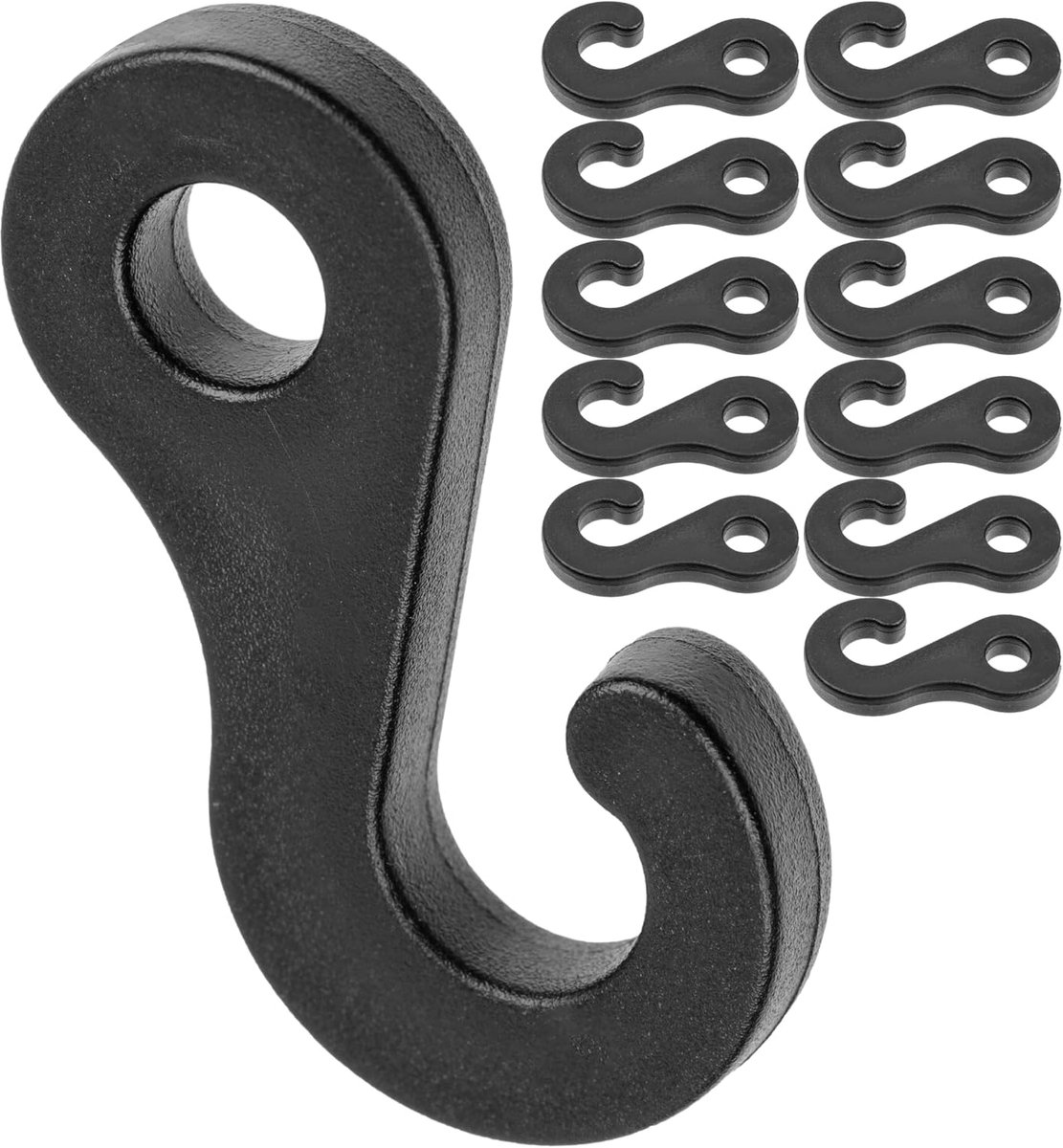 Haken, 12 stuks, in zwart, van kunststof, voor rubberen touwen tot Ø 6 mm, haakclip voor outdoortent, voortent, luifel, zeil, stangclip, bevestigingshaken riem, tentspanner, kabelklem