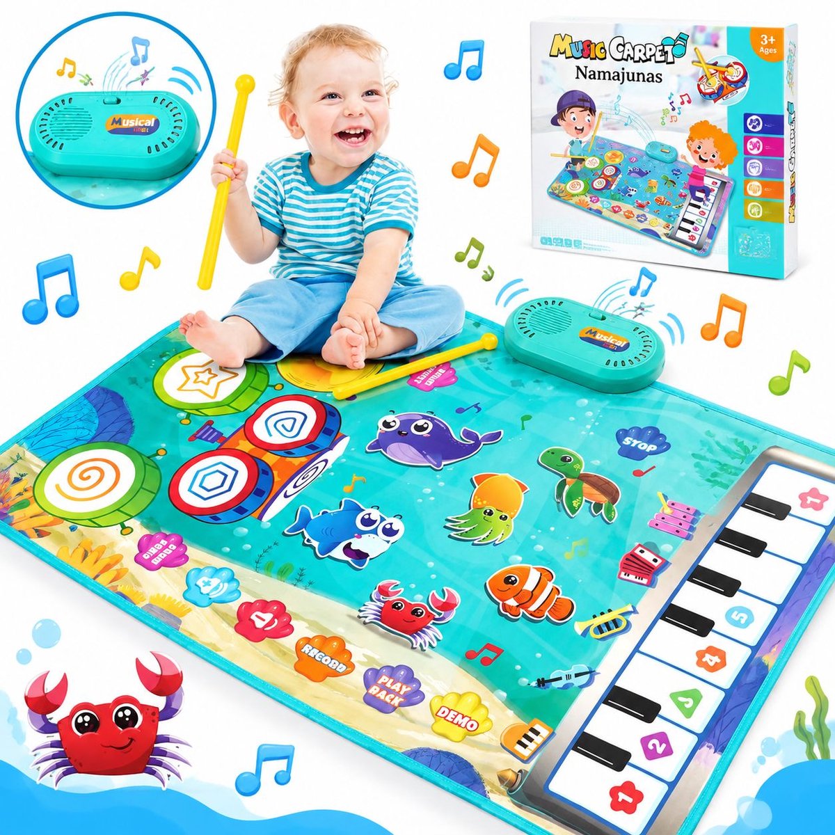 VHV - 3 in 1 Muziekmat - Kinderspeelgoed 3 4 5 Jaar - Dansmat - Pianomat - Speelkleedje met zeedierenmotief - Pianoklavier & Drumset met 2 Drumstokken - Cadeau Vroeg Educatief Muzikaal Leerspeelgoed - meisjes en jongens