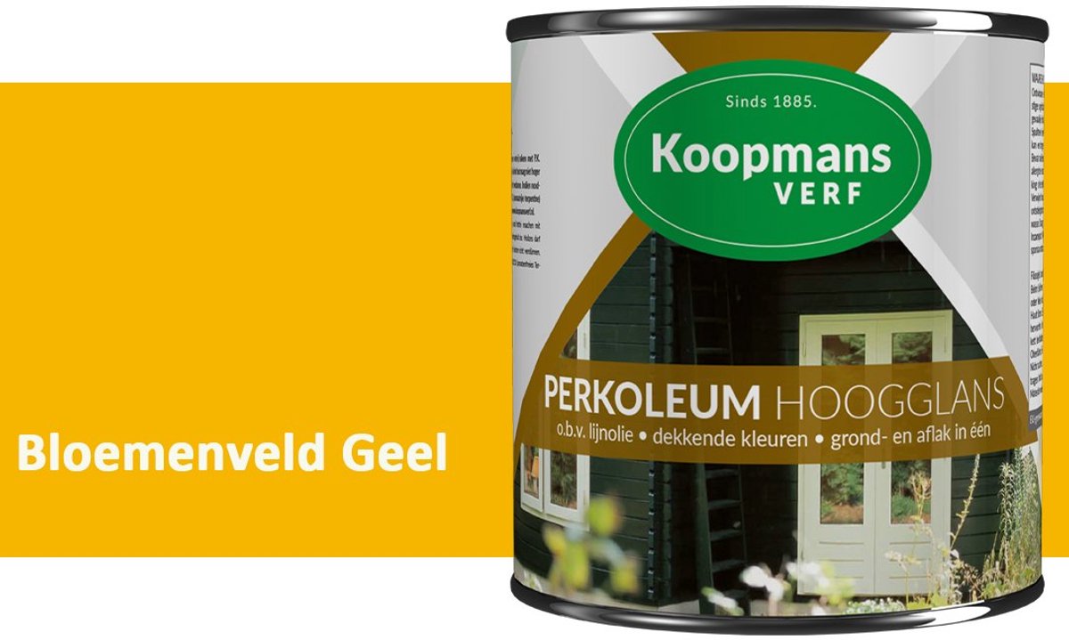 Koopmans Perkoleum Hoogglans Dekkend – Bloemenveld Geel – 750 ml – Dekkende Beits Buiten – Schutting, Gevel & Tuinhout