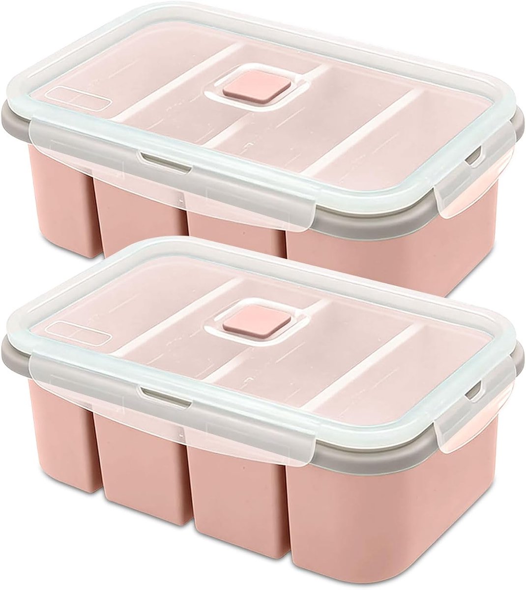 Invriezen containers 2 stuks siliconen vriesvorm met deksel, 4 gaten, voedselcontainer, extra grote ijsblokjesvorm voor soep, bouillon, saus, ijsblokjes, ijsblokjes of boter, roze