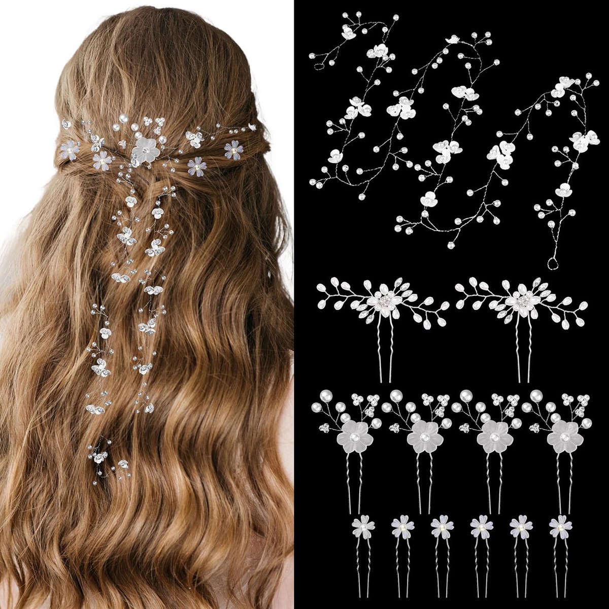 13 Stuks Bruiloft Haaraccessoires, Zilver Haarversiering Bruid, Elegant Haarversiering Bruiloft U-Vormige Haarspelden Bloemranken voor Bruid en Bruidsmeisjes