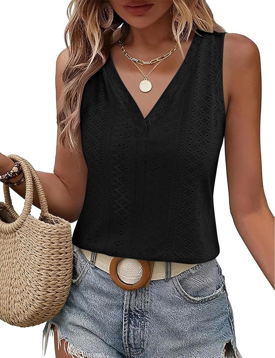 Tops dames zomer tops elegante V-hals tank top oogje borduurwerk mouwloze tops dames basic hemdje vest om uit te gaan casual losse pasvorm shirts