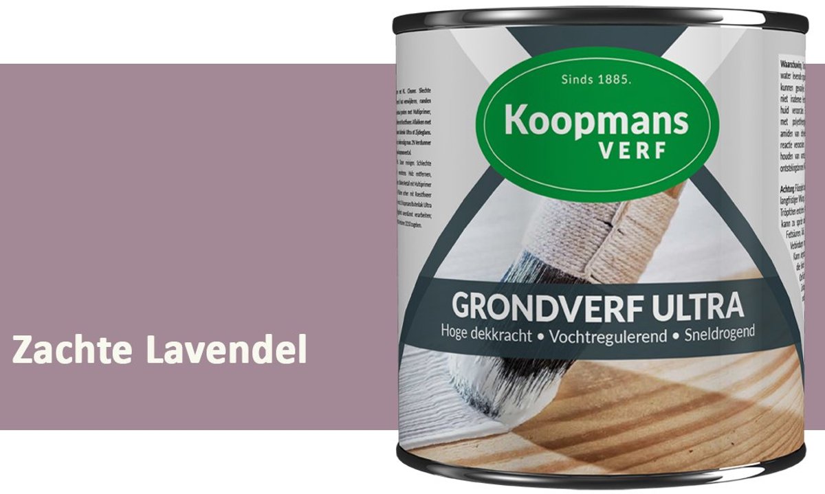 Koopmans Grondverf Ultra – Grondverf Hout & Metaal Binnen en Buiten – Vochtregulerende Primer – Hoge Dekking – Zijdeglans – Zachte Lavendel – 375 ml