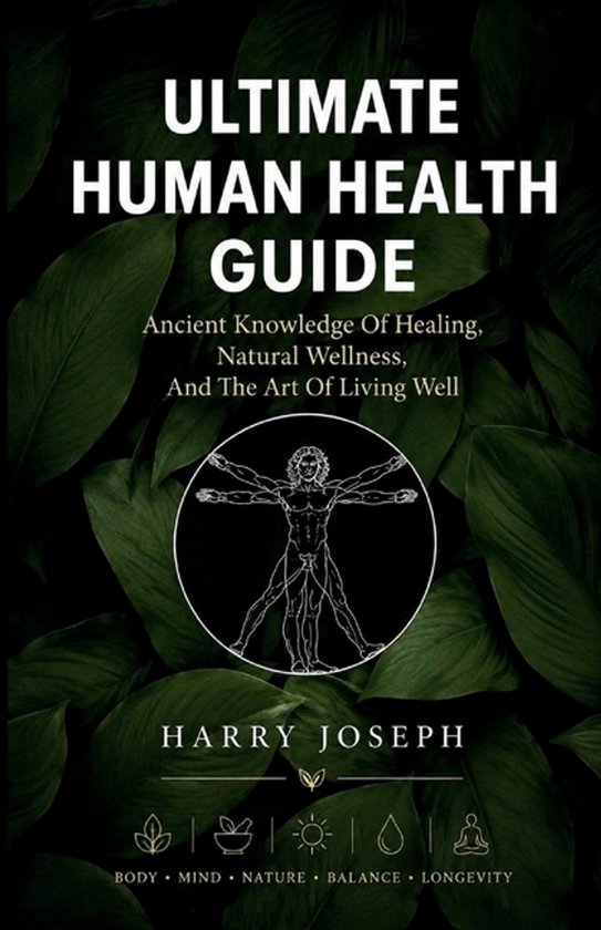 Couverture du livre 'Ultimate Human Health Guide' avec l'Homme de Vitruve et du texte.
