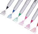 Close-up van de punten van Sharpie permanente markers die strepen trekken in zwart, blauw, groen, paars, roze en rood.