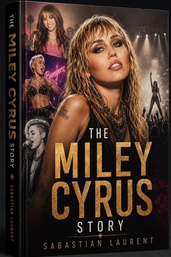 Boekomslag 'The Miley Cyrus Story' met gouden letters en meerdere foto's van Miley Cyrus in verschillende outfits.