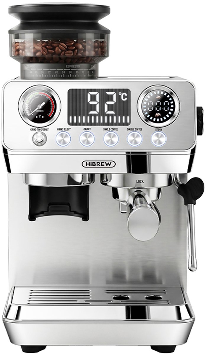 HiBREW H7 Lite halfautomatische koffiemachine met molen, 20 bar pomp, 1350 W vermogen, 1,8 l waterreservoir, bonenreservoir van 250 g, 44 maalstanden, 51 mm filterdrager, stoompijpje, led-temperatuurweergave