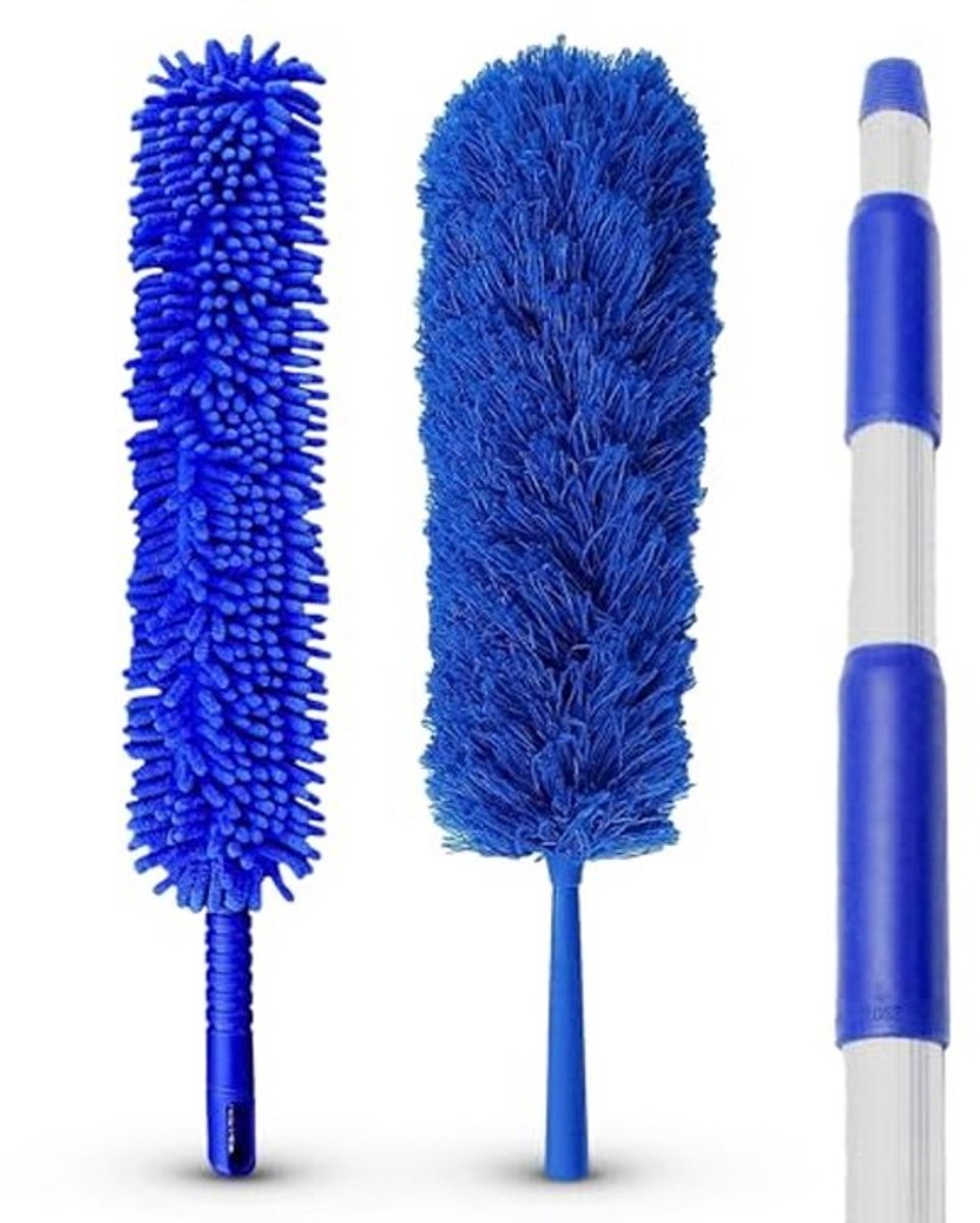 Verlengstaaf stofdoek met telescoopstang - Microvezel, blauw, 3-delige set voor moeilijk bereikbare plekken