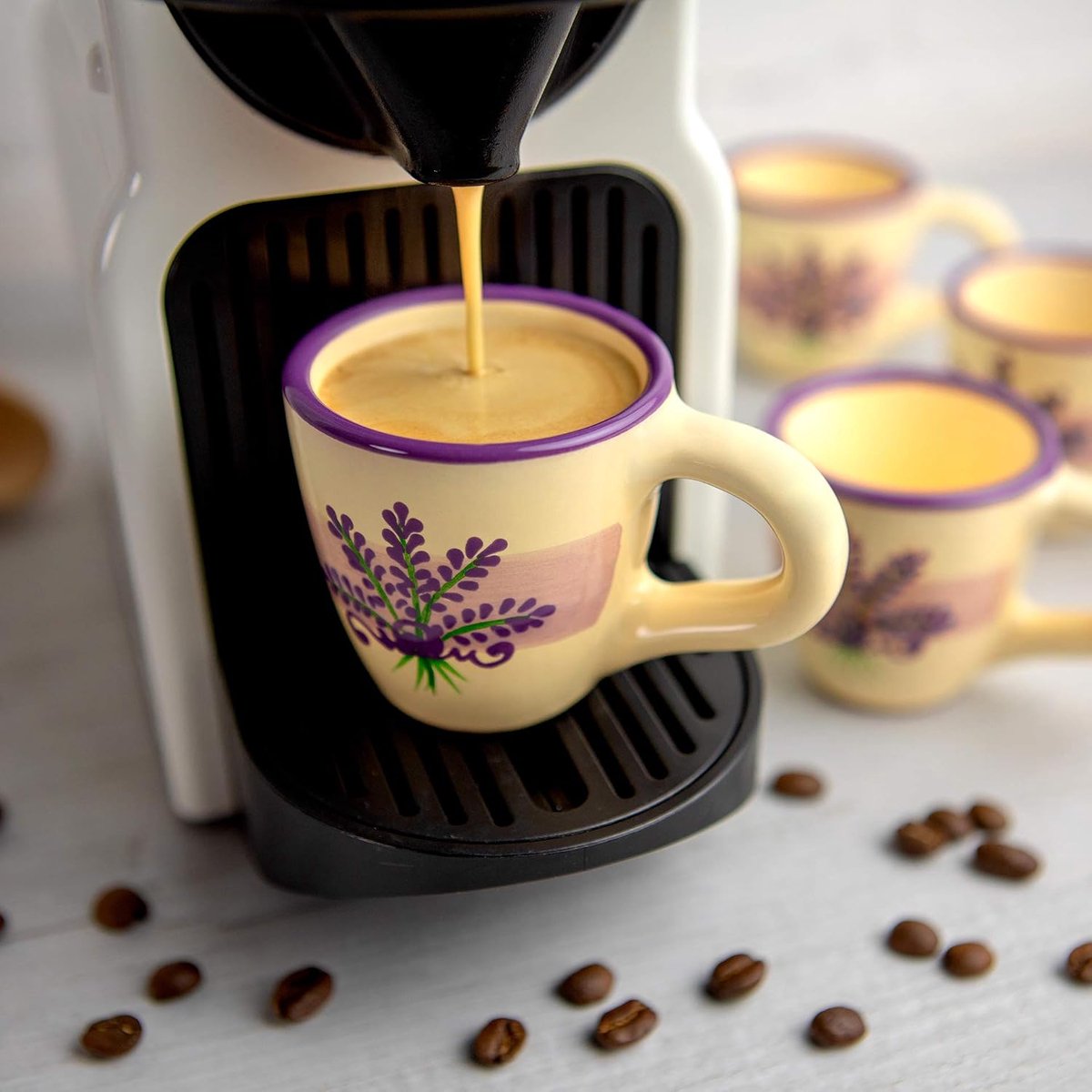 To Cottage Lavendel Patroon Paars Crèmekleur, Designer Handgemaakt Handgeschilderd, Keramiek 60 Milliliter, Set 4 Espresso Koffiekopjes
