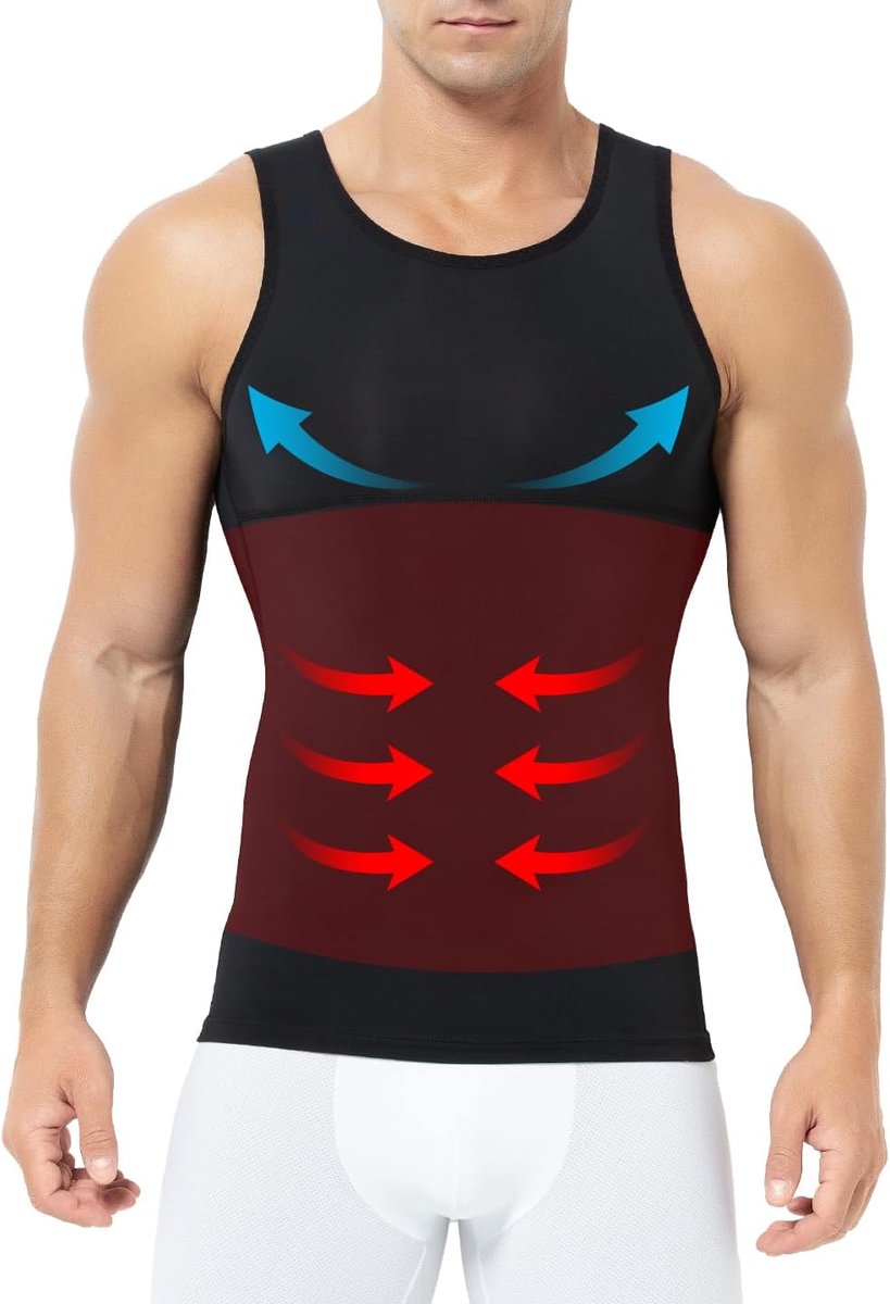 Shapewear Compressieshirt Elastisch Tanktop Buikweg Onderhemd Bodyshaper voor Mannen Afslankende Top, Zwart, M