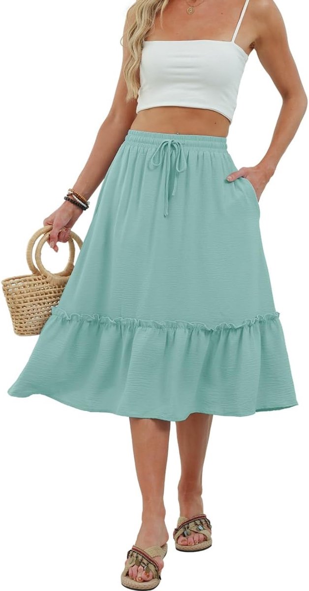 Rok voor dames, zomer, elastische taille, midi-rok met 2 zakken, A-lijn ruches, rokken voor dames, pendelen, vrije tijd en vakantie