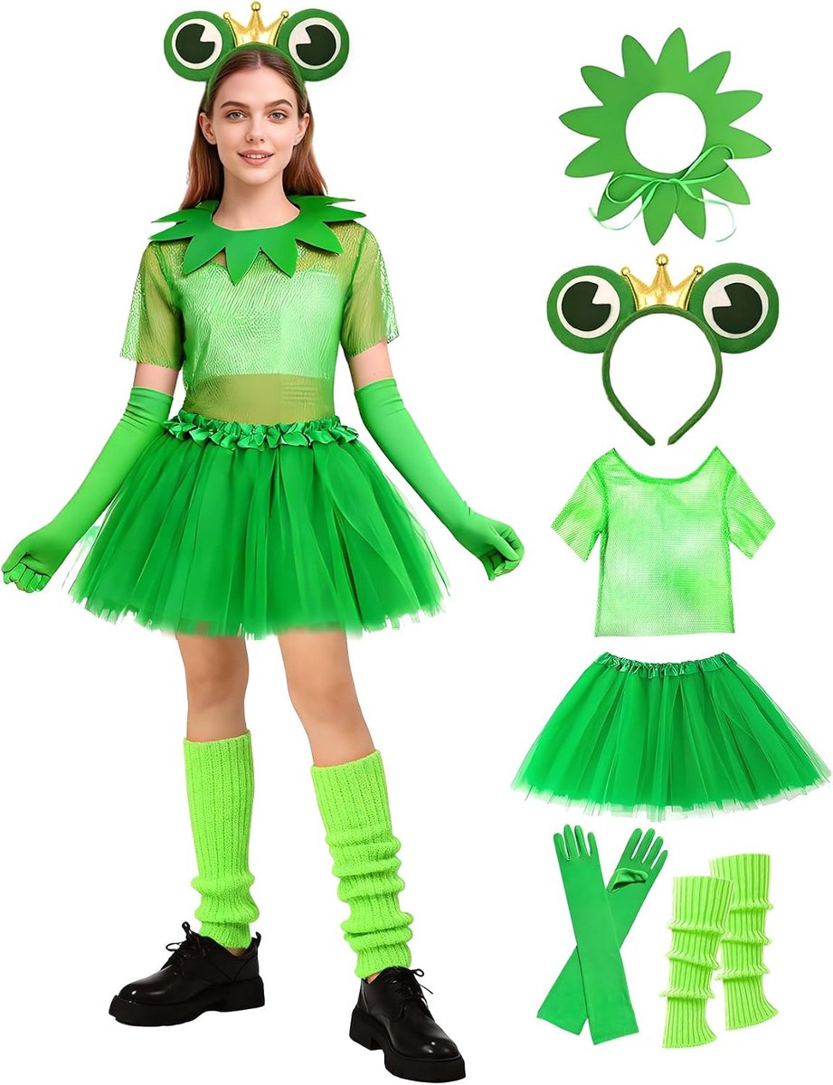 Kikkerkostuumset voor volwassenen, 6-delige set, carnavalskostuum voor dames, tutu, haarband, handschoenen, kikkerkoning, kostuum voor carnaval, Halloween, themafeesten