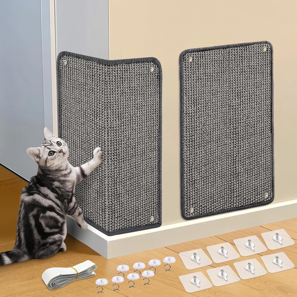2 stuks krabmat van sisal, krabmat kat met plakband, duurzaam, bescherm je bank, tapijt, meubels en muren tegen krassen, 50 × 25 cm (grijs)
