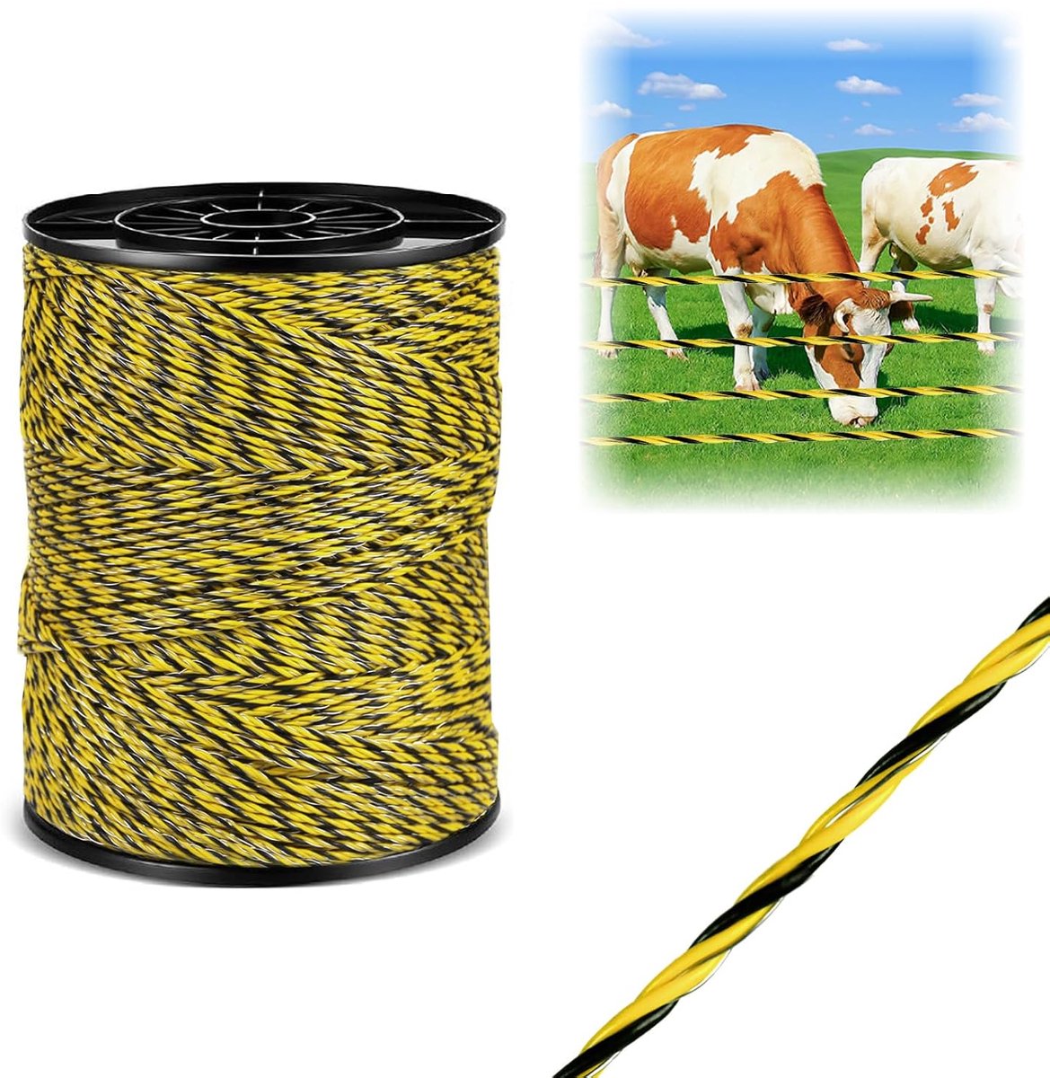 200 m Ø 3,0 mm, elektrische omheiningsdraad met 9 roestvrijstalen geleiders voor betrouwbare stroomgeleiding, 30 PE-vezels, zwart-gele weidehekstrengen voor paarden