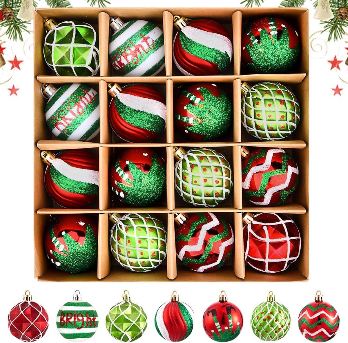 Kerstballen, 6 cm kerstballen, kerstboomversiering, kerstdecoratie, binnen en buiten, rood en groen
