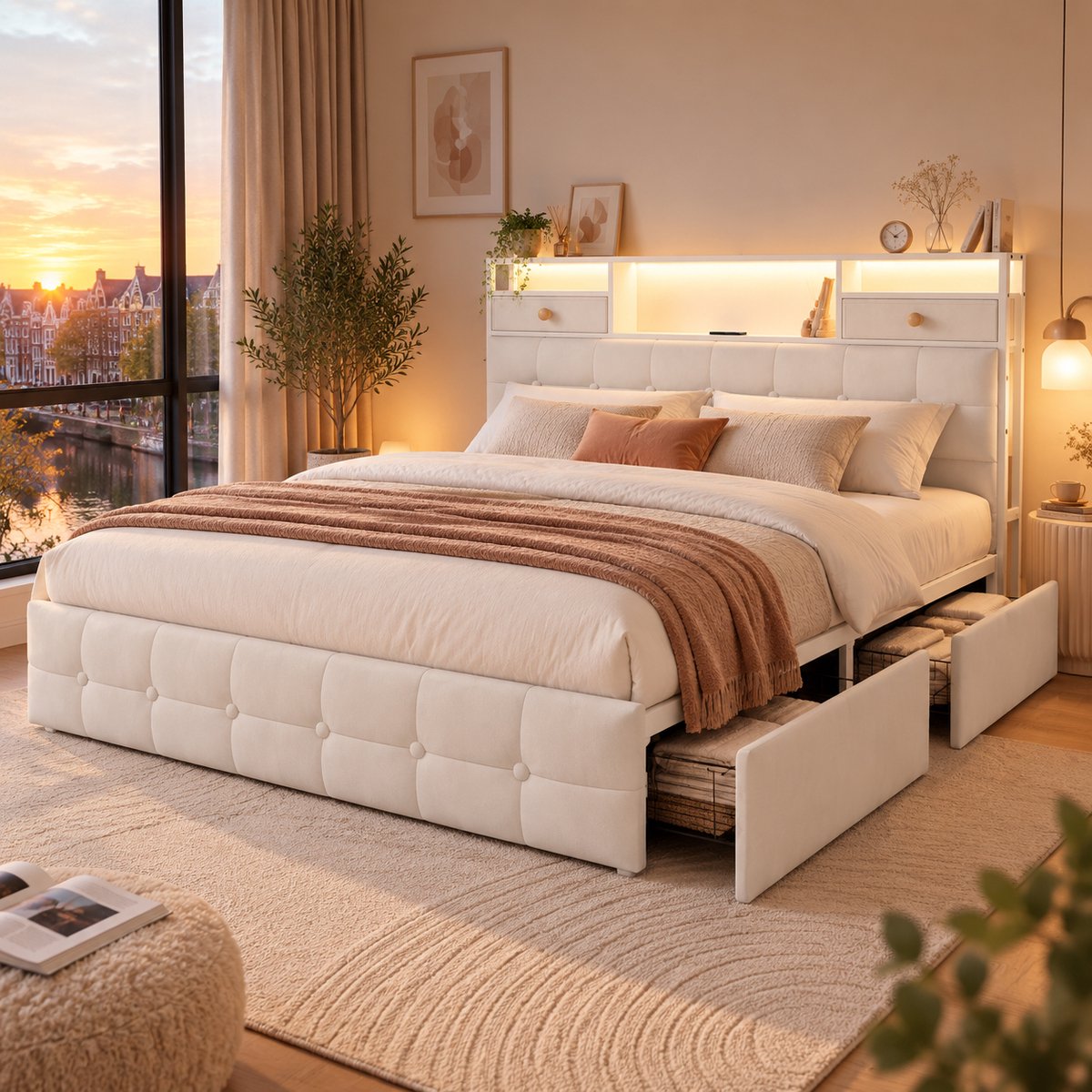 SHOPENTRA Opbergbed 140x200 cm beige fluweel met opberghoofdbord, 4 lades, RGB LED en USB-C