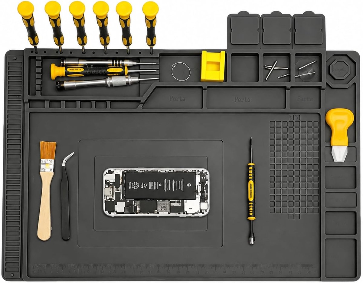 Siliconen, 45 x 30 cm, magnetische computerreparatiemat, 500 °C, hittebestendig, met schroefvakken, werkbankmat voor soldeerbout, elektronica, mobiele telefoon en laptop reparatie