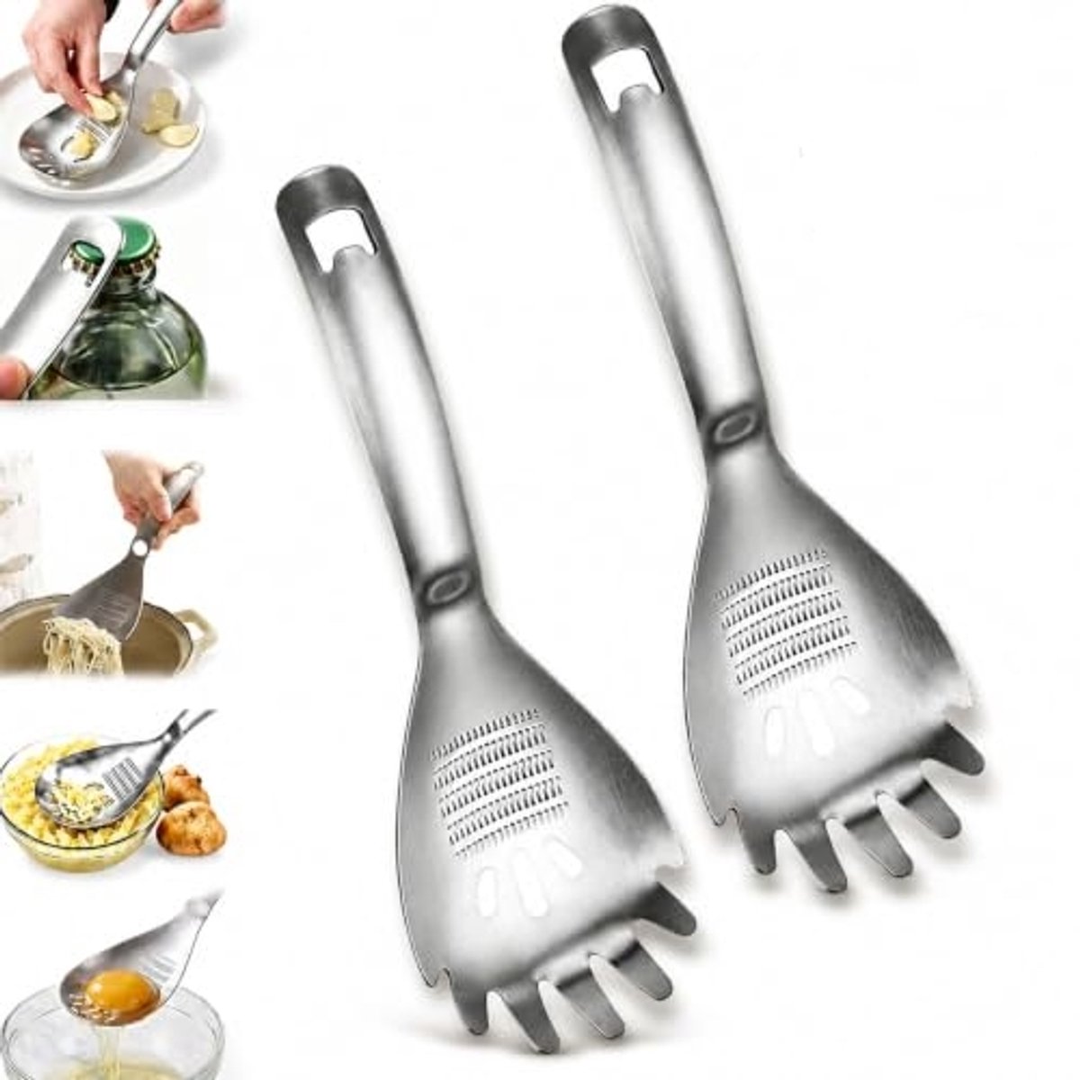 5-in-1 RVS Kooklepel - Multifunctionele Keukenlepel met Eierdeler, Aardappel- & Knoflookpureerder, Rasp, Flessenopener en Zeef - Geschikt voor Dagelijks Koken en Bereiden - Duurzaam Roestvrijstaal - Handig Keukenhulpmiddel - Eenvoudig Schoon te Maken