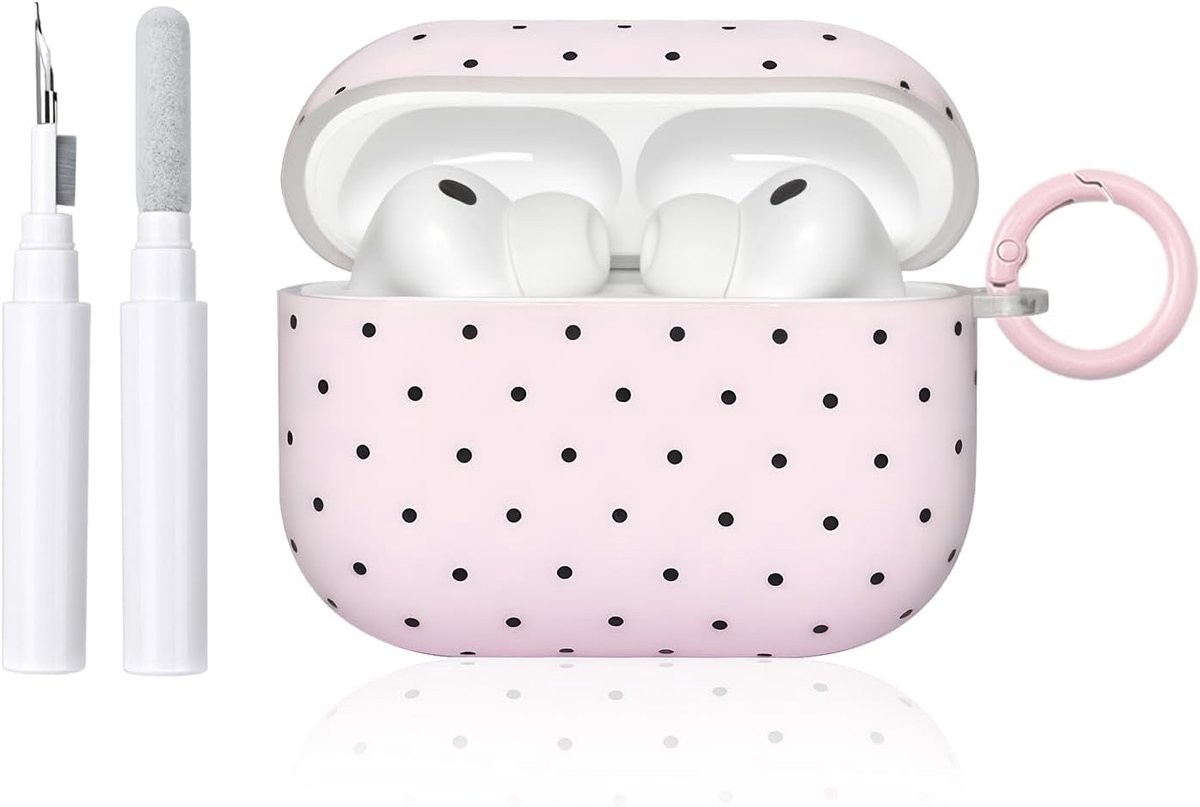 Hoesje voor AirPods Pro/Pro 2 met reinigingskit, schattig polkadot-patroon, esthetisch ontwerp voor meisjes en vrouwen, sleutelhanger, schokbestendige hoes voor Airpods Pro - Roze Zwart