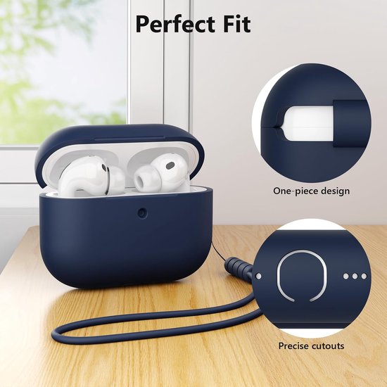 Hoesje compatibel met AirPods Pro 3 hoesje, schokbestendig, valbescherming, krasbestendig siliconen hoesje voor AirPods Pro 3e generatie met reinigingsset en koord, blauw (Midnight Blue) — afbeelding 4