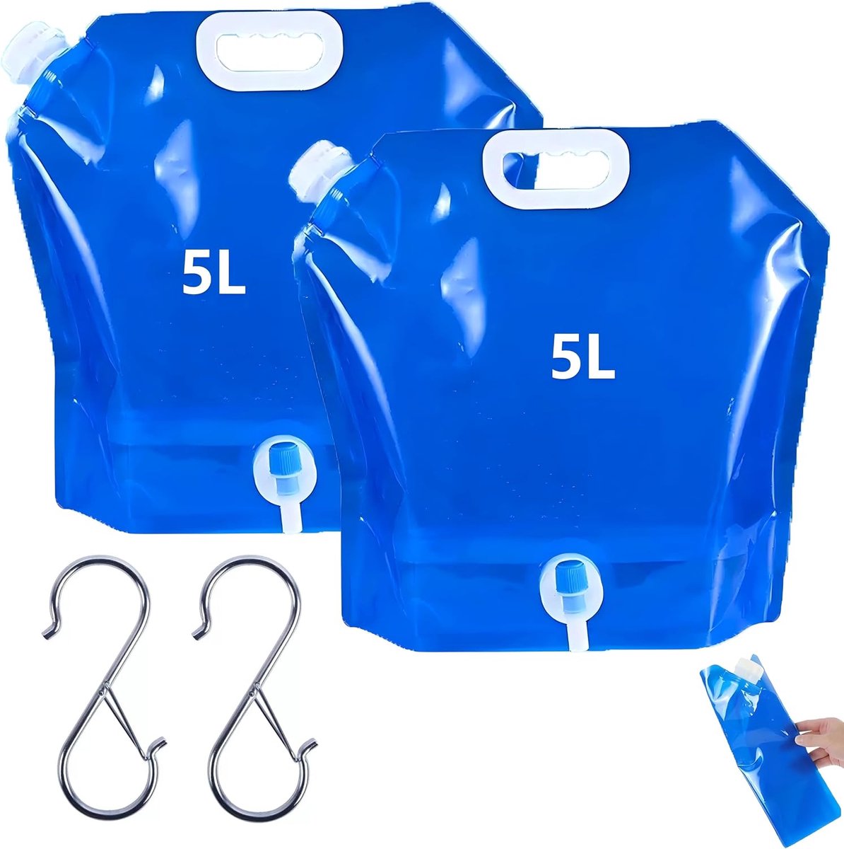 2 stuks opvouwbare waterjerrycan, 5 l/10 l, met kraan, draaggreep en 2 S-haken, waterreservoir met dicht deksel, waterreservoir voor outdoor, camping, wandelen, picknicks (2 x 5 l)