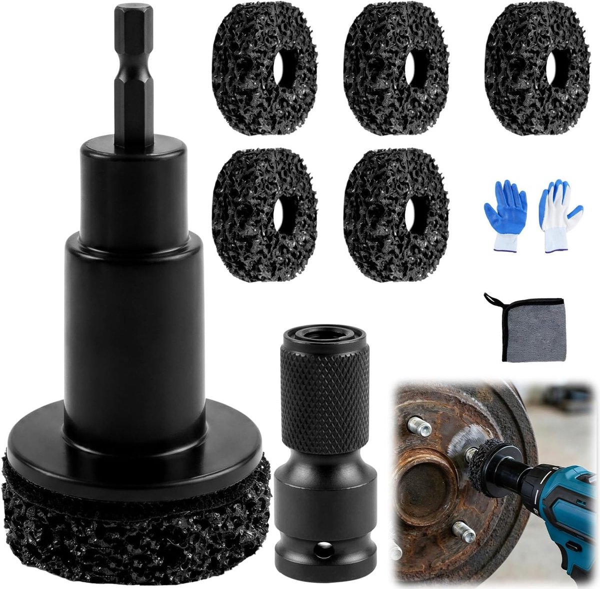 Auto set, roestverwijderaar wielnaaf met 5 slijpkoppen, 1 adapter, 1 handschoenen, 1 vaatdoek, kunststof wielnaafreiniger voor het verwijderen van roest en oude verf van het oppervlak
