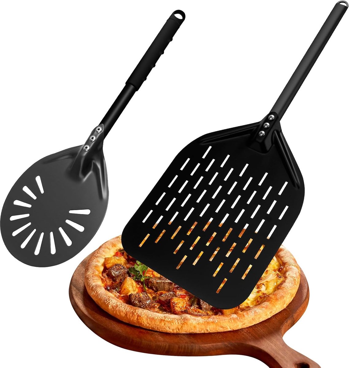 Geperforeerde pizzaschep set, 12' pizzaschep 6' pizzawende, hittebestendig aluminium pizza peel met siliconen greep, antiaanbaklaag pizzaheber set, geschikt voor ovens, pizzaovens en