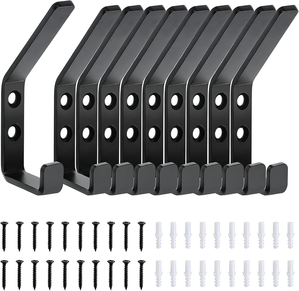Kledinghaken voor akoestische panelen, 12 mm, bijzonder stabiele metalen kapstokhaken met schroeven, jassen en tassen ophangen, 10 stuks, zwart (10)