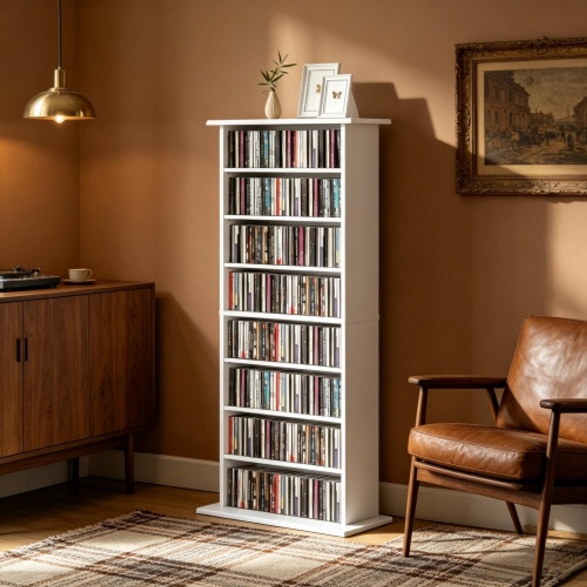 Opbergkast - CD rek voor 360 CDs - Verstelbare planken - Kantelbeveiliging - Capaciteit 185 DVDs - Woonkamer - 58x24x126,3cm - Wit