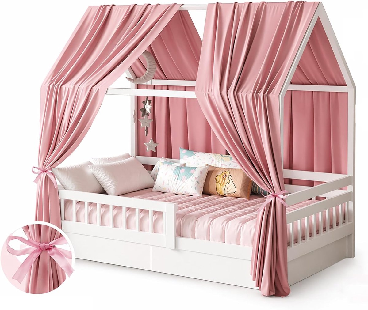 2 stuks huisbed, hemelset, mousseline bedluifel voor kinderbed, zachte en ademende luifel voor huisbed, bedgordijn voor kinderkamer, decoratie (roze, 350 x 135 cm)