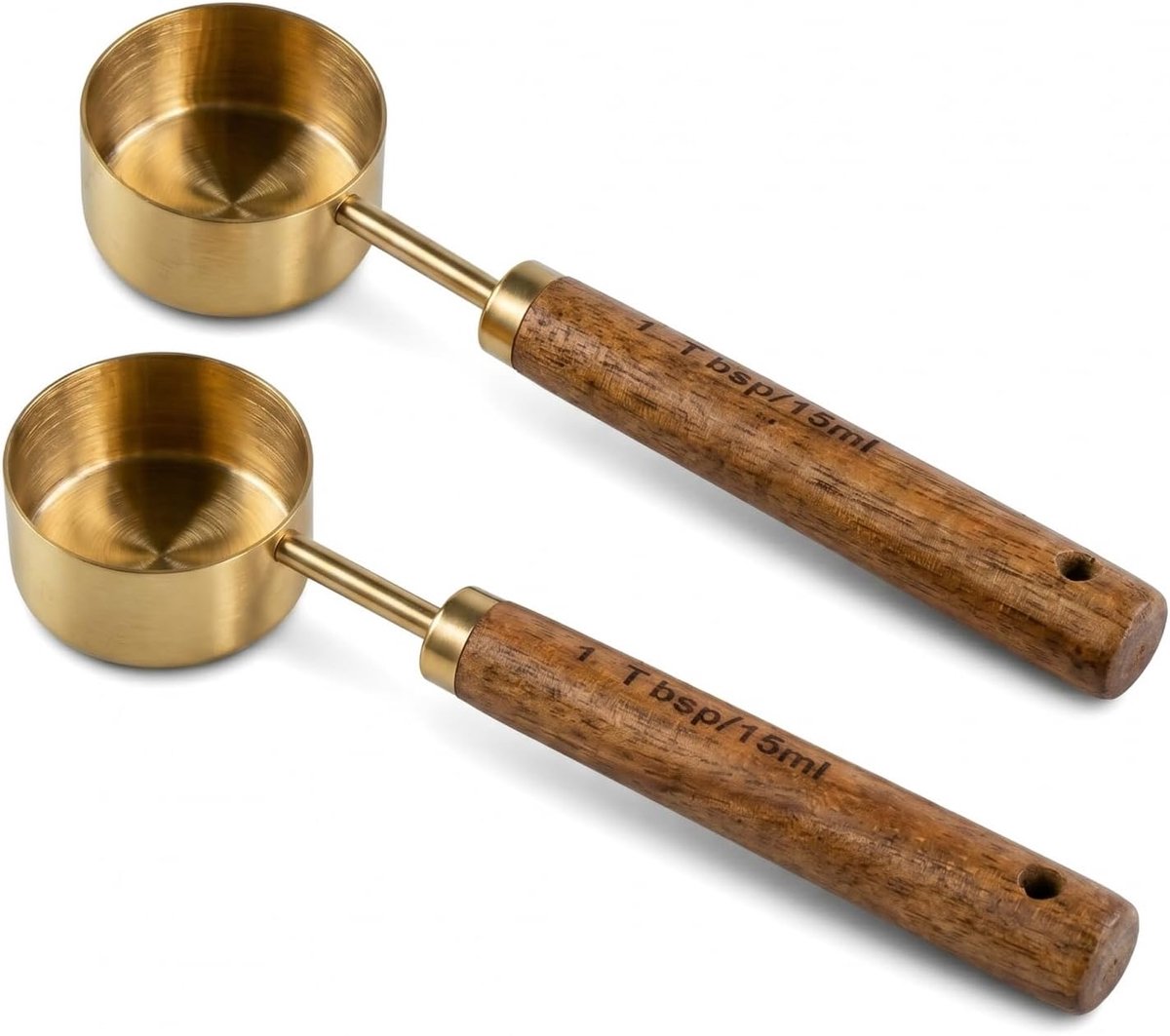 Koffielepel 15 ml, 2 stuks maatlepels van roestvrij staal en acaciahout, gouden koffielepel, doseerlepel voor koffiebonen, thee, specerijen en meel