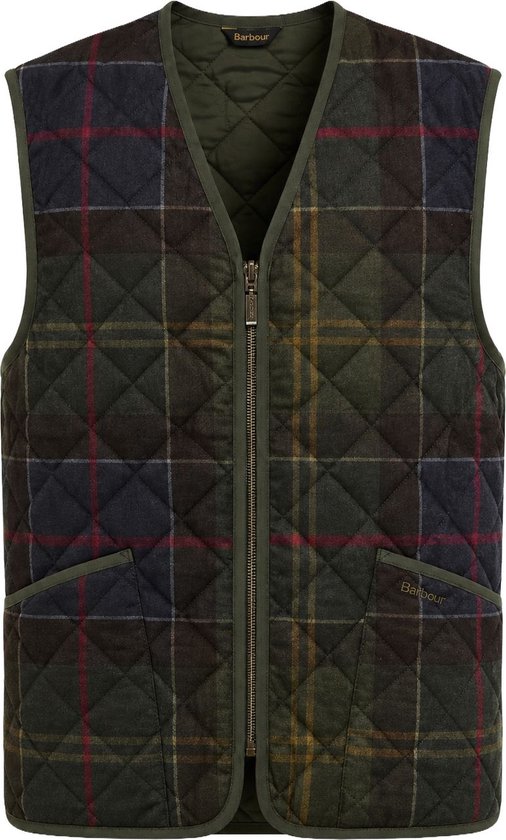 Gilet matelassé zippé à carreaux classiques verts, bleus, rouges et jaunes.