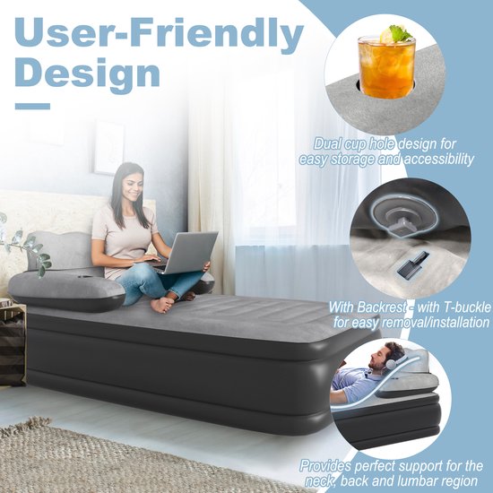Aufun Zelfopblazend Luchtbed Camping - Opblaasbare Matras Met Ingebouwde Elektrische Pomp - Rugleuning Voor Comfort - 1 Persoon - 190 x 100 x 42 cm - Inclusief Draagtas van Aufun — afbeelding 5