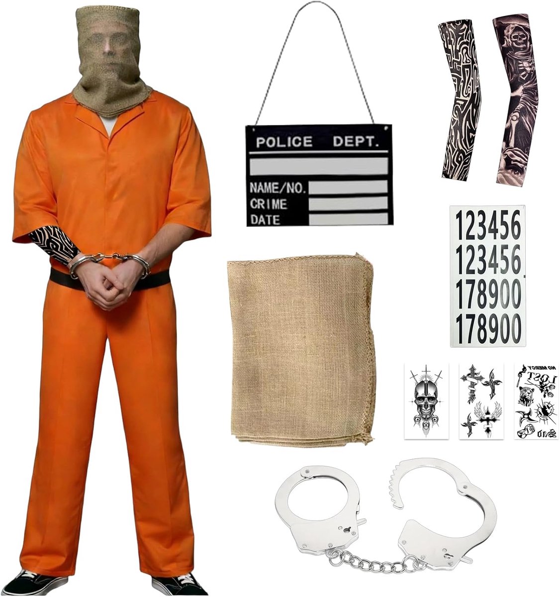 Gevangeniskostuum voor volwassenen en heren, met accessoires, cosplay, Halloween, carnaval