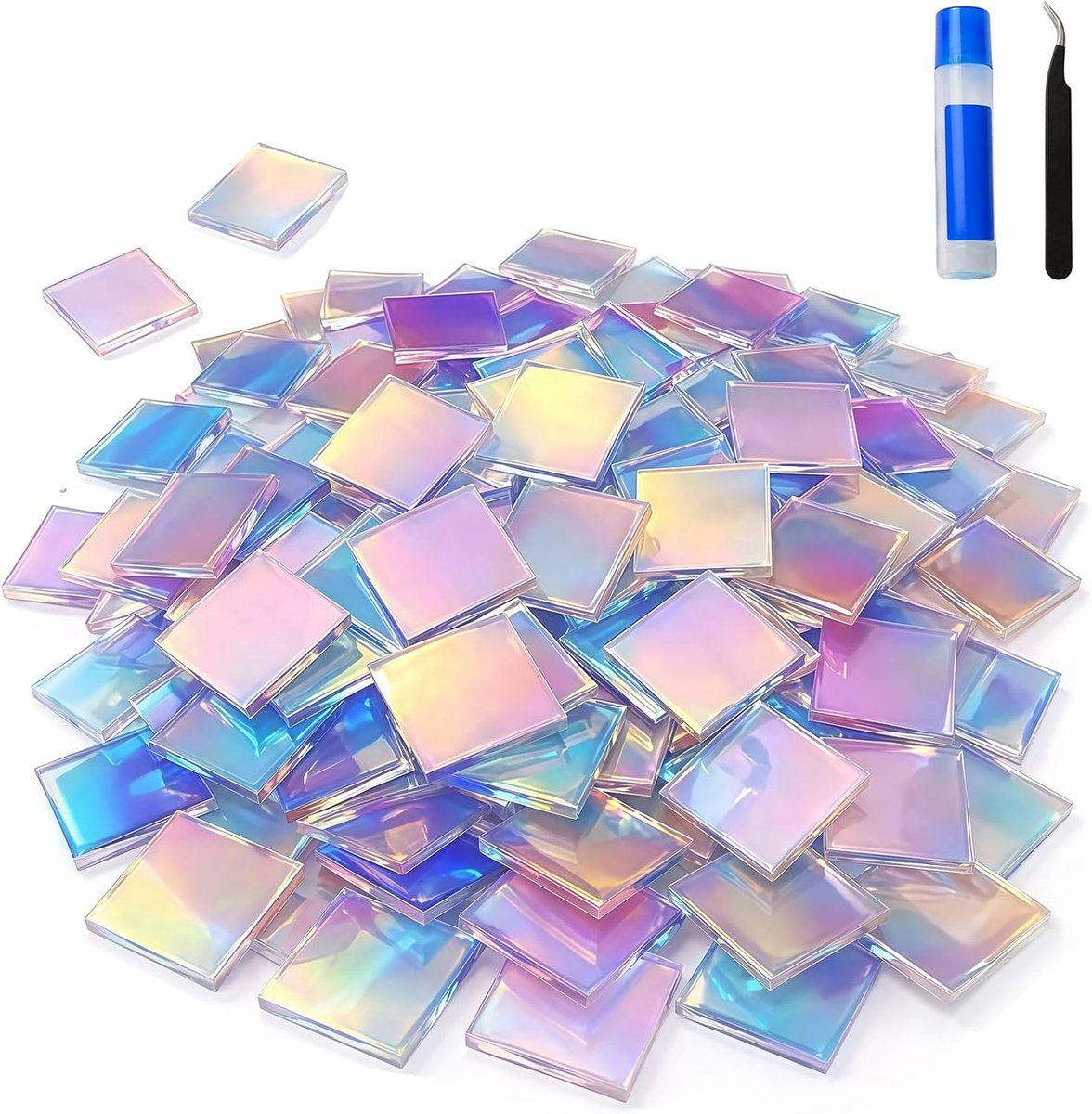 200 stuks holografische acrylmozaïekstenen 2x2cm, mozaïekstenen voor knutselen met pincet & vloeibare lijm voor DIY-knutselprojecten