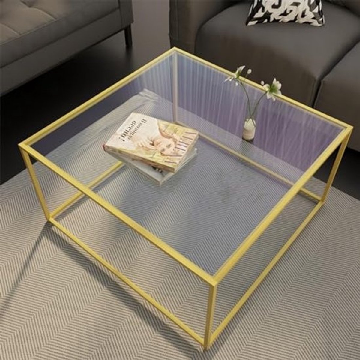 Moderne vierkante salontafel van gehard glas met metalen frame - 26,4 x 26,4 x 15,7 inch
