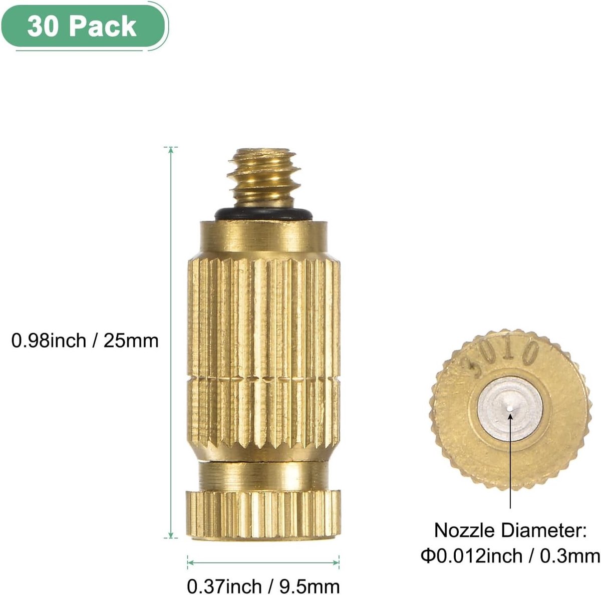 30-Pack Messing Misting Nozzles met 0.012"/0.3mm Opening voor Hoge Druk, Ideaal voor Buitenkoeling, Kassen en Landschapsarchitectuur