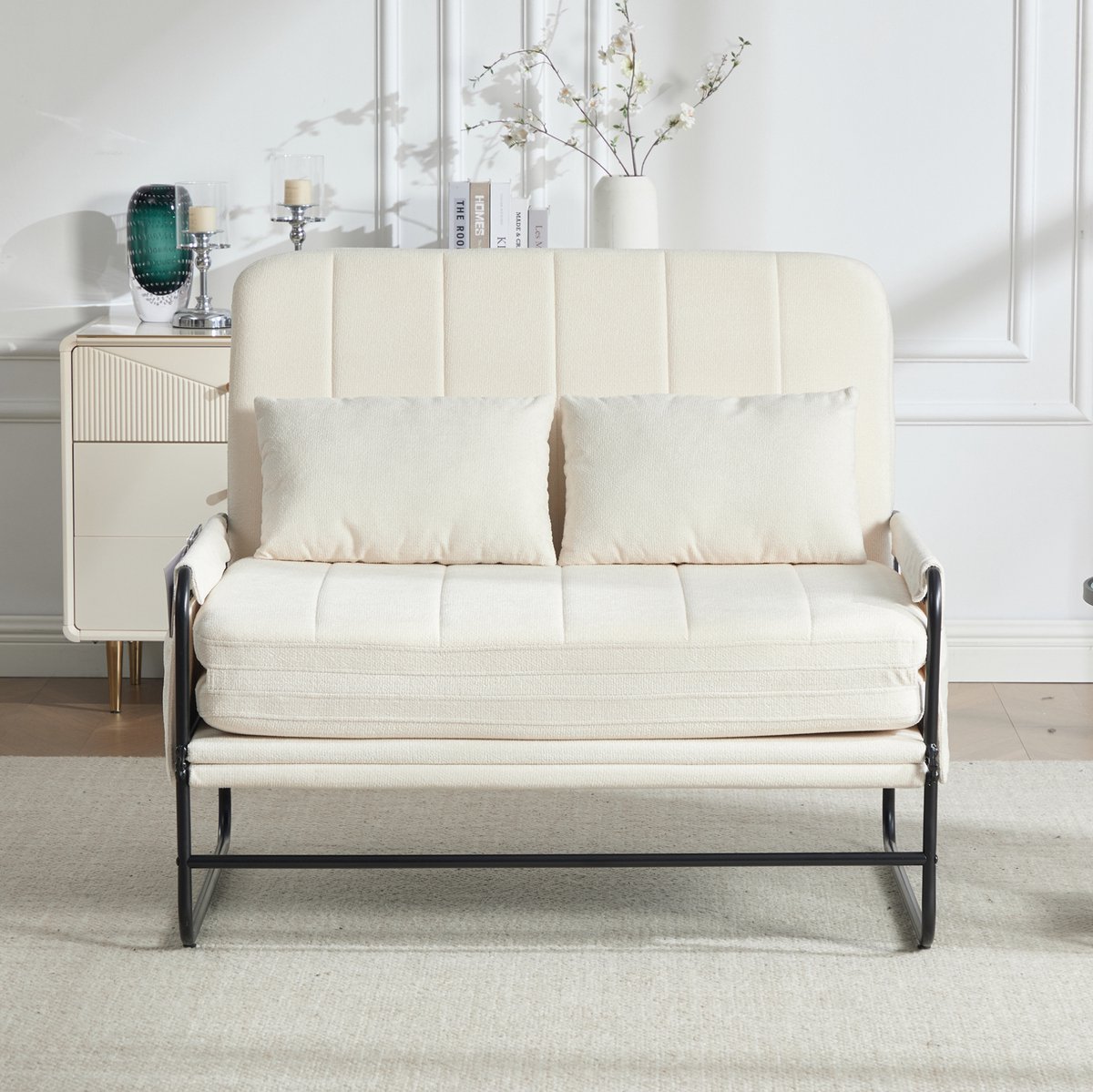 DESMIU Slaapbank 104 x 85 x 92 cm - 2-Zits Opvouwbaar Met Slaapfunctie En Metalen Frame - Voor Woonkamer Thuiskantoor Logeerkamer - Chenille - Beige