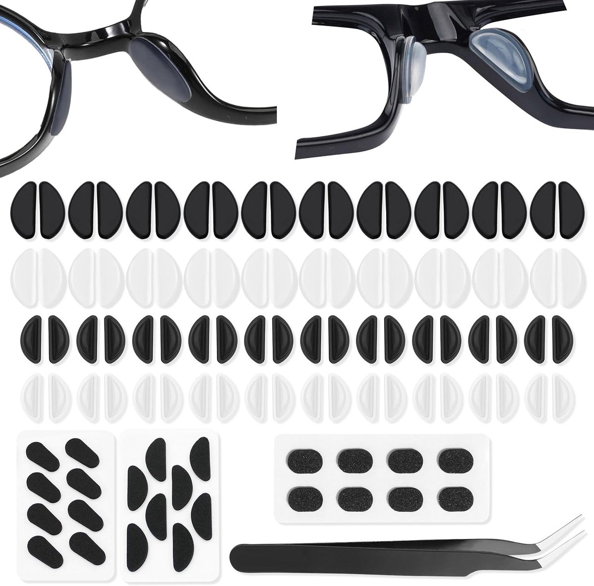 Zelfklevende Neuspadjes voor Brillen, 52 Paar Antislip Siliconen Neuspads, Transparant en Zwart met 1 Stuk Pincet voor Comfort en Stabiliteit