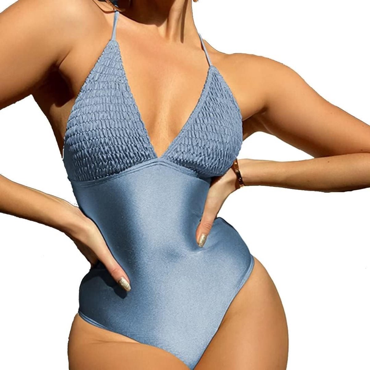 Strappy Een Stuk Badpak Ruched Spaghetti Veelzijdige Romper Badmode Hoge Taille, zilver, L