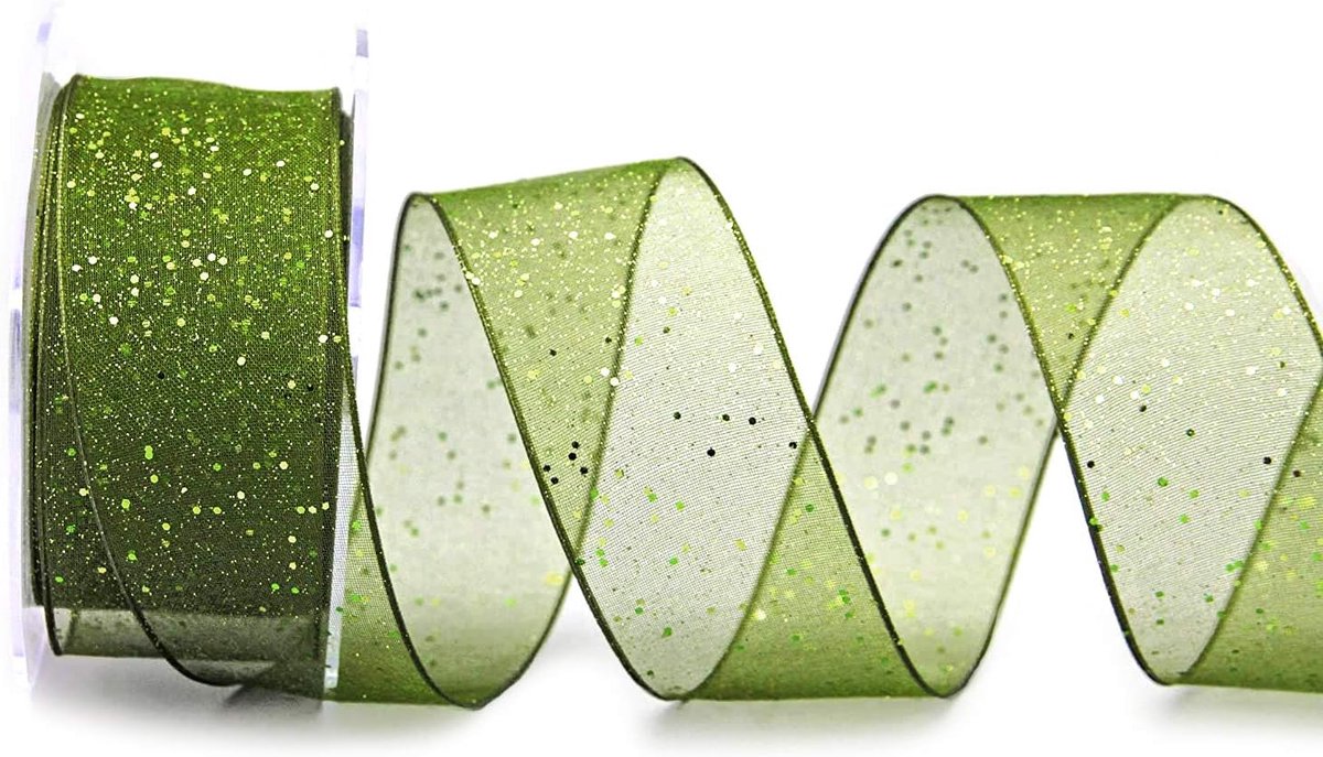 20 m x 40 mm decoratielint glitter groen stoffen lint transparant glanzend organza met draadranden elegant Kerstmis advent verjaardag premium glitter lint chiffon chiffonlint draad