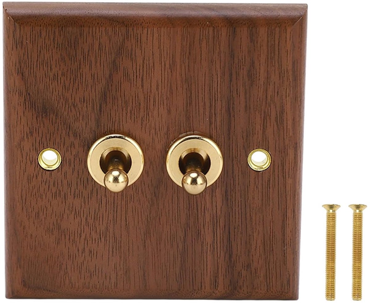 Wandmontageplaat van walnoothout, retro design, met lichtschakelaar, hendelschakelaar, dubbele schroef, messing, 50 Hz, 250 V
