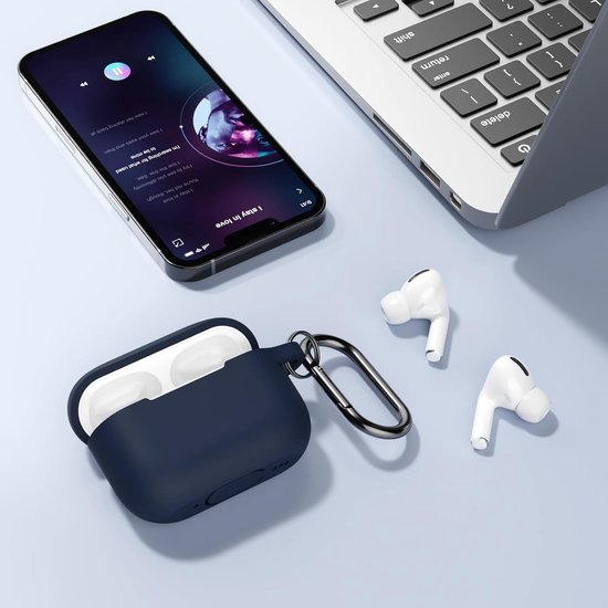 Hoes compatibel met Airpods Pro 2, zachte siliconen beschermhoes schokabsorberende beschermhoes voor Airpods Pro 2e generatie (2022) met karabijnhaak, LED aan de voorkant, blauw (Midnight Blue) — afbeelding 4